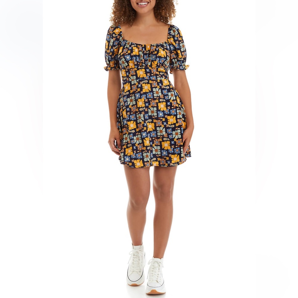 ✨🌼Vintage Look Flower Print Mini Dress Tie Back Cut Out Size M Navy Multicolor